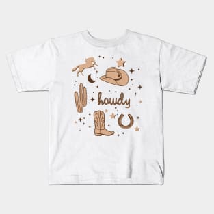 Cowboy Hat and Boot Pattern Sepia Brown Cowgirl Aesthetic Kids T-Shirt